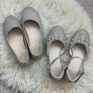 2 Pairs of Girls Sparkle Rhinestone Shoes Gold Pearls Iridescent Size 1